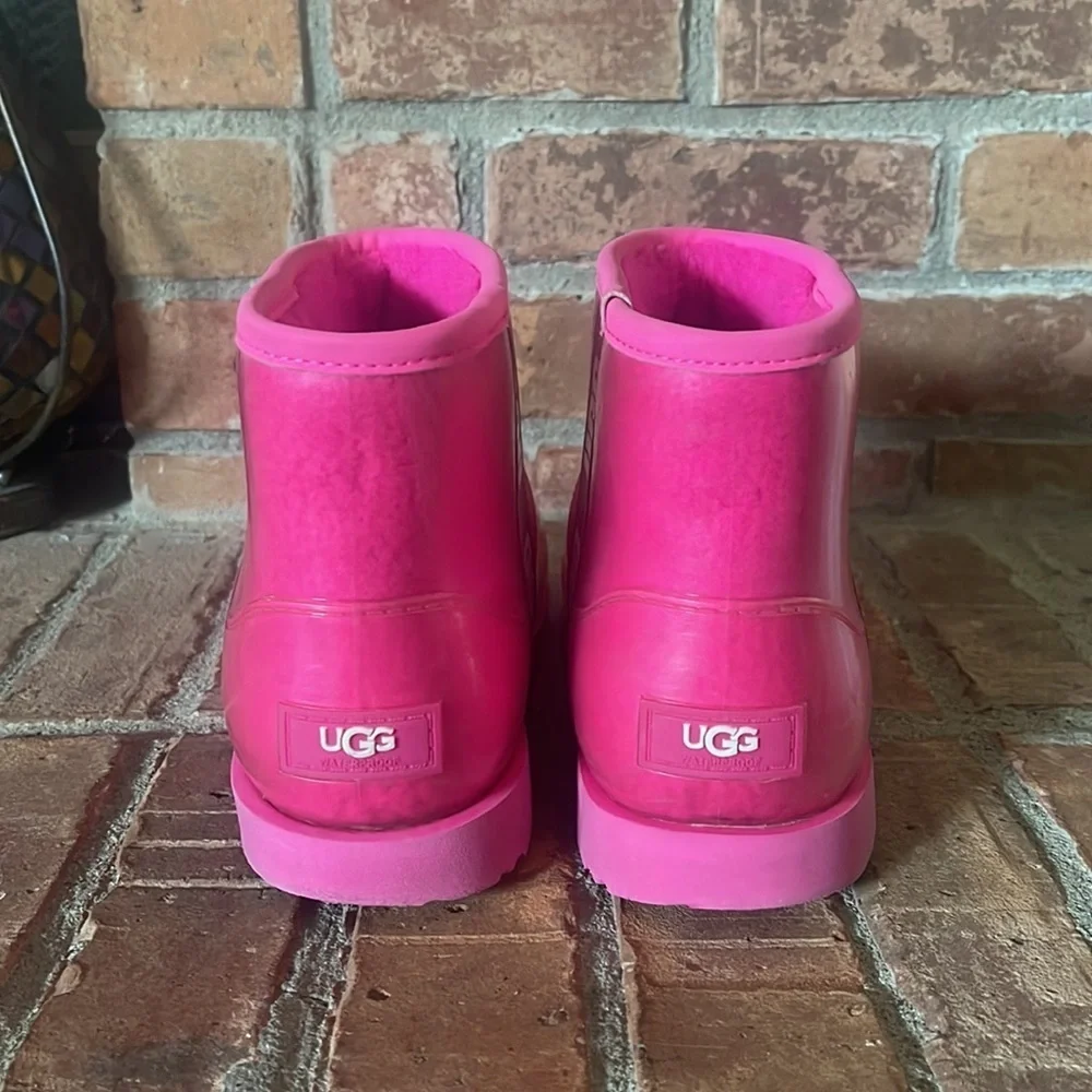 UGG Waterproof Classic Clear Mini Taffy Pink Sheepskin Fur Lined Boots